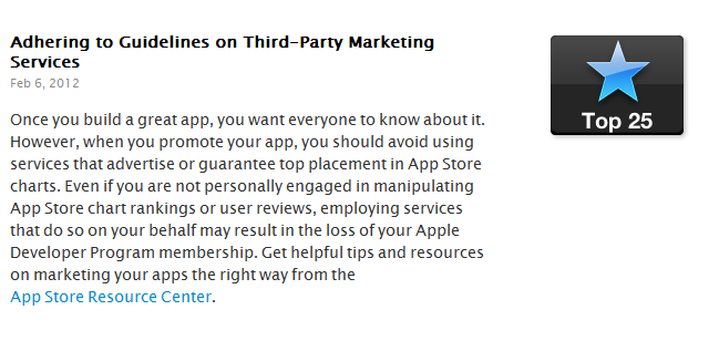 Avertissement Apple contre les classements artificiels dans l'Appstore